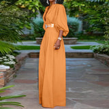Elegant Long Jumpsuits Women 3/4 Sleeve Vintage High Waist Wide Leg Rompers Casual Pleated Party Overalls Loose Pants No