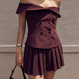 Toloer Spring New Sexy Pure Desire Temperament Double-Breasted One-Word Shoulder Dress Pleated Skirt