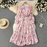 Fashion Summer Maxi Dress Women's Printed Sundress Casual Long Sleeve Vestidos Female High Waist Robe