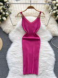 Backless Sleeveless Women Knitted Dress Slim Solid Gentle Fashion 2022 Summer V Neck Ladies A Line Midi