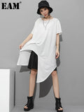 Women White Irregular Split Joint Big Size T-shirt New Round Neck Short Sleeve Fashion Tide Spring Summer 2023