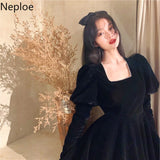 Temperament Woman Dress Vintage Robe Square Collar Puff Sleeve Slim Velvet Vestidos Mujer Korean Elegant Black
