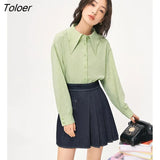 Women Shirts 2022 Autumn Long Sleeve Polo Neck Blouse Green 3D Jacquard Chic Casual Streetwear