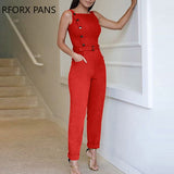 Solid Color Button Design Jumpsuit-Outfit