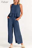 Summer Casual Sleeveless Pleated Pants Sets Wide-leg Loose Clothes 2 Piece Sets O Neck Trouser Suits Two Piece Set