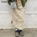White Front Ruffle Drawstring Casual Long Skirts Women Back Streetwear With Pockets Low Waist Loose Preppy Cargo