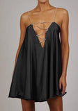 Sweet Metal Straps Sleeveless Solid Satin Mini Loose Club