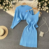 Women Sexy Knitted Two Pieces Suits Short Loose Pullover Top+Midi Camis Dress Striped Winter Streetwear Sweater