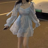 Square Neck Puff Sleeves Glossy Dress Women Casual Long Sleeve Vintage Y2k Bow Mini Dress 2022 Spring Korean Party