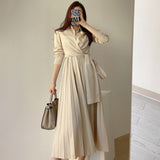 Party Sannian Spring French Temperament Lapel Cross Strap Waist Skinny Long-sleeved Pleated Dress Dresses Women