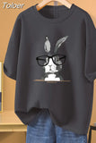 100% Cotton L-5XL Plus Size T Shirt Bunny Print O Neck Tshirt Short Sleeve Women Top Basic Summer Couple Solid T