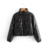 PUWD Casual Woman Oversized Leather Cotton Coats 2020 Fashion Ladies Warm Winter Stand Collar Outerwear Female Drawstring
