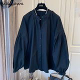 Blouse Women V-neck Puff Sleeve Folds Loose Shirts Temperament Ladies Tops Korean Elegant Blusas Mujer De Moda