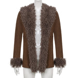 Sweetown Faux Fur Patchwork Suede Jackets Cute Y2K Coats Women Autumn Winter 2021 Brown Vintage Outwear Elegant Fashion