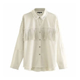 Stylish Fringe Beaded Loose Denim Jacket Coat Women Fashion Long Sleeve Frayed Trim Ladies Outerwear Chaqueta