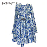 Print Temperament Spring Dress For Women O Neck Long Sleeve High Waist Sashes Blue Dresses Female Fashion New