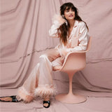 Wear Women Soft Feather Home Suit Button Up Top Slim Pants Two Piece Set 2022 Casual Pajama Elegant Lady Homewear