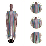 Toloer New Women's Dress Flounce Knitted Striped Slit Dress-Outfit
