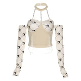 2021 Women Top Moon Print Bandage Bustier Crop Tops Chain Halter T Shirt Off Shoulder Long Sleeve Patchwork Slim