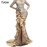 Women's Dresses Banquet Skirts Elegant Night Club Party Fashion Sexy Gold Long Sleeve Evening Dress New Taildress