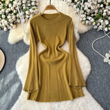 New Pure-Bround Hottie Body Long-Sleeved Knitted Dress Women Simple Round Collar Temperament Short