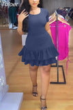 Lady Round Neck Short Sleeve Ruffles Hemline Short Dress Chic Cross Lace Up Hollow Out Bohemian Holiday Trip Travel