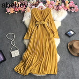 New Spring Autumn Temperament V-Neck long sleeve Dress high waist lace up waist solid color long A-line Pleated