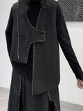 Women Loose Fit Black Topstitched Casual Irregular Vest New V-collar Sleeveless Fashion Tide Spring Autumn 2023