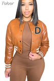 B PU Faux Leather Crop Bomber Coat Ladies Stand Collar Full Sleeve Baseball Jackets Streetwear Button Down Slim Fit
