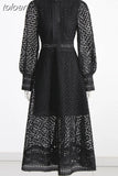 Embroidery Dresses For Women Round Neck Lantern Sleeve High Waist Folds Vinage A Line Dress Female Autumn Fashion