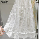 Boho Elegant White Long Skirt Women Hook Flower Hollow Folds Hem High-waisted Skirts Casual Holiday Female Clothes