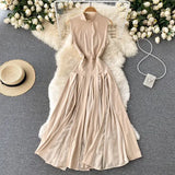 Summer Women Pleated Long Dress Vintage Stand Collar Sleeveless High Waist Draped Patchwork Vestidos Female Green/Red Robe