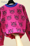 Quality Runway Designer Cat Print Knitted Sweaters Pullovers Women Autumn Winter Long Sleeve Harajuku Sweet