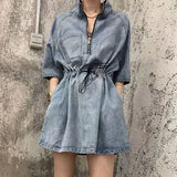 VAREY LIN 2022 New Spring Summer Women Casual Denim Dress Fashion Zipper Stand Collar Drawstring Adjustable Waist Denim