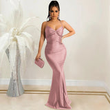 Spring Summer Women Spaghetti Strap Plunging V-Neck High Side Mermaid Maxi Dress Sexy Night Party Club Long