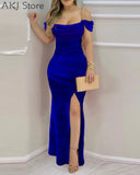 Women Velvet Chain Strap Split Thigh Party