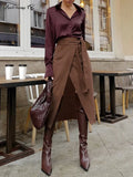 Faux Suede Lace Up Skirts A-Line Winter 2022 Women Warm High Waist Split Skirts Vintage Gray Midi Skirts Office