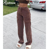 Rockmore Brown Vintage Baggy Jeans Women 90s Streetwear Pockets Wide Leg Cargo Pants Low Waist Straight Denim Trousers