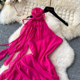 Three-Dimensional Flowers With Slanted Shoulder Dress Women's Folds To Waist Chic Design Irregular Vacation