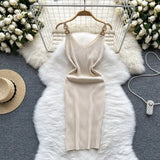 Backless Sleeveless Women Knitted Dress Slim Solid Gentle Fashion 2022 Summer V Neck Ladies A Line Midi