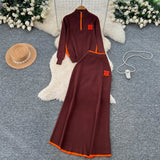 Simple Wind Bumpy Striped Knitted Sister Set With Long-Sleeved Sweater + High Waist Long Body Skirt