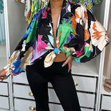New Printed Lantern Long Sleeve Blouse 2023 Summer Fashion Casual Lapel Top Shirt Female Breathable Chiffon Cardigan 319-0-Outfit