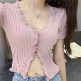 Graduation party French Retro Young Style Cardigans Ruched T Shirt Split Crop Top Women Knit Rib Summer Streetwear Fitness