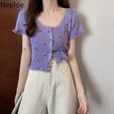 Knitted Cardigan Crop Top Women Summer 2023 Floral Lace Patchwork Shirt Single Breasted Cute T Shirts Short Sleeve