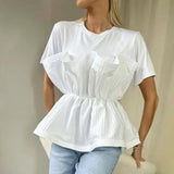 2025 Fashion New Elegant Style Collar Folded Waist Splicing Design Sense Short-Sleeved Shirt