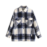Stylish Pockets Oversized Plaid Jacket Coat Women Fashion Lapel Collar Long Sleeve Loose Outerwear Chic