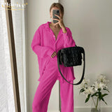 Casual High Wasit Pants Set Women Autumn Long Sleeve Blouses Matching Wide Trousers Suit Green Pleated 2 Piece Pant