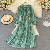 Autumn Women Printed Long Dress Vintage Ruffle Stand Collar Puff Sleeve High Waist Elegant Maxi Robe Female Big Swing