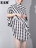 Women Black Plaid Big Size Blouse New Stand Collar Three-quarter Sleeve Loose Fit Shirt Fashion Spring Autumn 2023