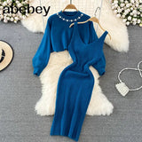 Beading Knitted Women Sets Loose Long Sleeves Sweater+ Solid Elastic Dress French Style Casual Two Piece